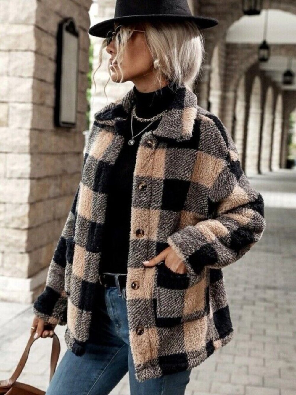 Buffalo Plaid Fleece Drop Shoulder Fuzzy Faux Fur Sherpa Jacket Coat Cozy M 6